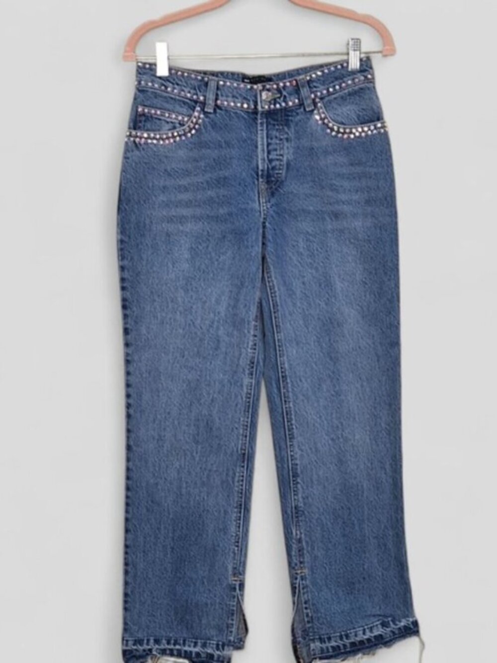 ASOS Design Studded Rhinestone Straight Leg Jeans Sz 25 Frayed hem